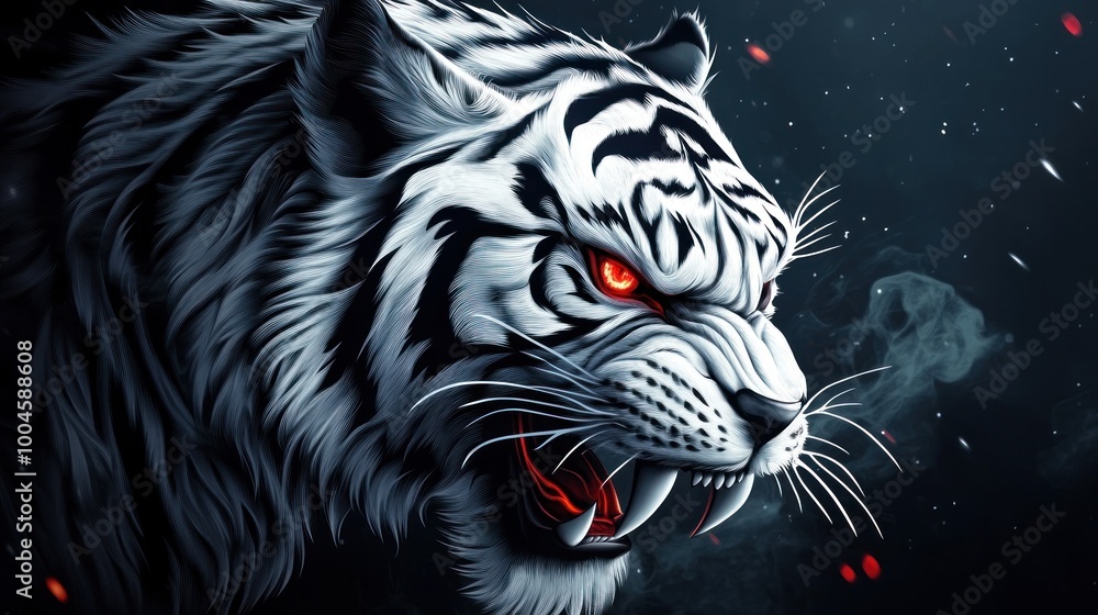 Fototapeta Angry white tiger head animal with sharp fangs dangerous red eyes background wallpaper desktop AI generated image