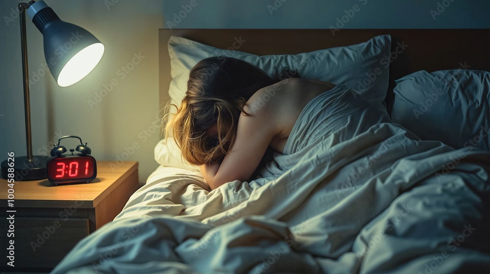 A woman rests peacefully in bed, enveloped in a white blanket. A digital clock on her nightstand displays 3:01 AM, hinting at the quiet stillness of the early morning hours. A woman rests peacefully in bed, enveloped in a white blanket. A digital clock on her nightstand displays 3:01 AM, hinting at the quiet stillness of the early morning hours.