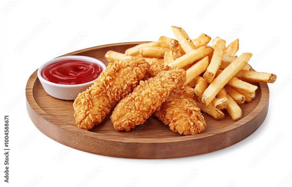 crispy chicken strips and golden French fries served on a wooden plate, accompanied by a small bowl of ketchup. crispy chicken strips and golden French fries served on a wooden plate, accompanied by a small bowl of ketchup.