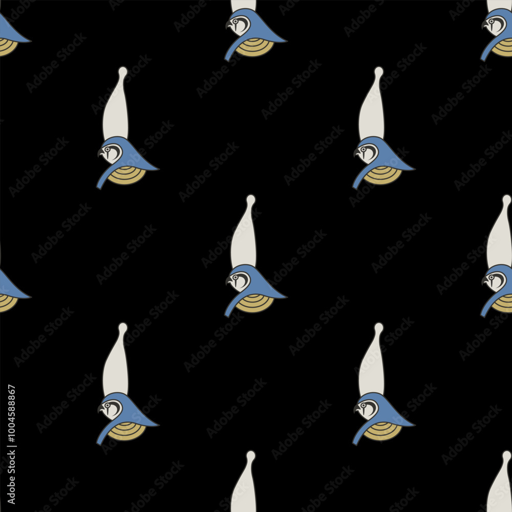 Seamless ethnic pattern with falcon heads of ancient Egyptian god Horus wearing royal pharaoh crown. On black background. Seamless ethnic pattern with falcon heads of ancient Egyptian god Horus wearing royal pharaoh crown. On black background.