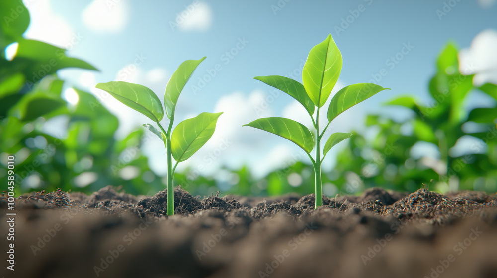 New green plants sprouting from rich soil under bright blue sky, symbolizing growth and sustainability in agriculture New green plants sprouting from rich soil under bright blue sky, symbolizing growth and sustainability in agriculture