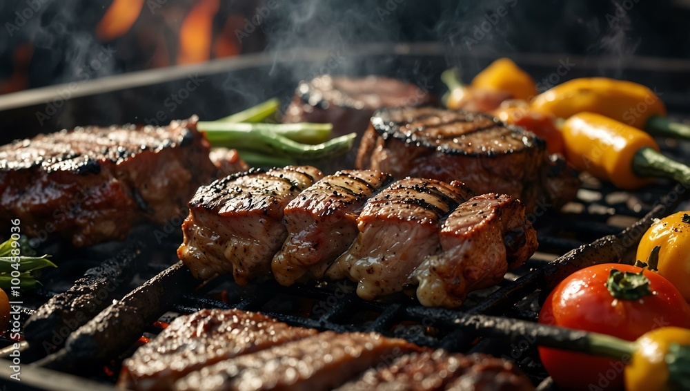 A detailed shot of diverse meats and fresh veggies cooking on a grill with glowing coals and rising smoke. A detailed shot of diverse meats and fresh veggies cooking on a grill with glowing coals and rising smoke.