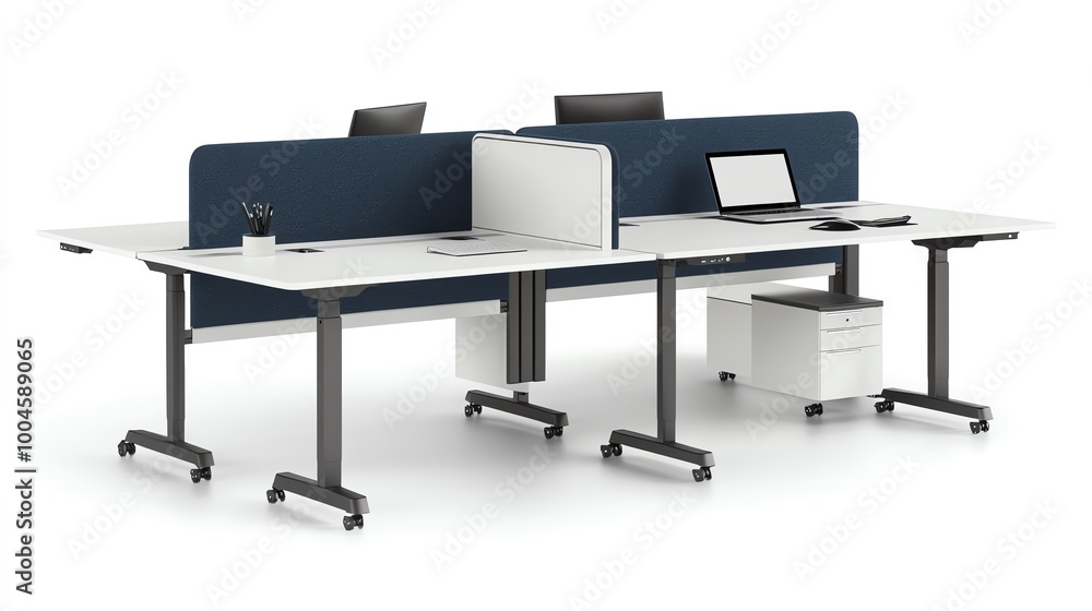 Modern office design with a circular desk and blue upholstered seating. Modern office design with a circular desk and blue upholstered seating.