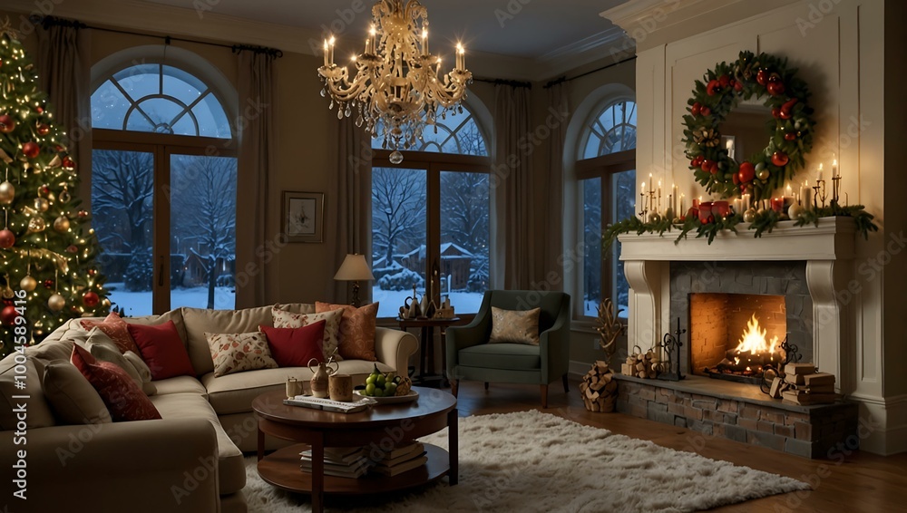 A festive living room decorated for Christmas, radiating cheer during winter festivities. A festive living room decorated for Christmas, radiating cheer during winter festivities.