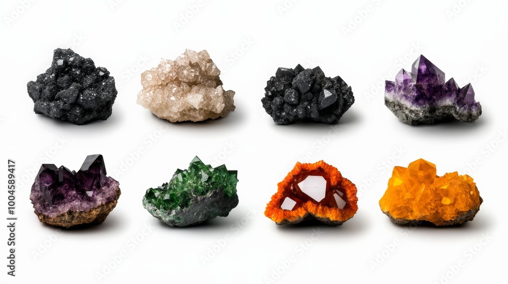 Crystals Collection: A curated selection of vibrant and captivating crystals, showcasing their unique textures and colors. Crystals Collection: A curated selection of vibrant and captivating crystals, showcasing their unique textures and colors.