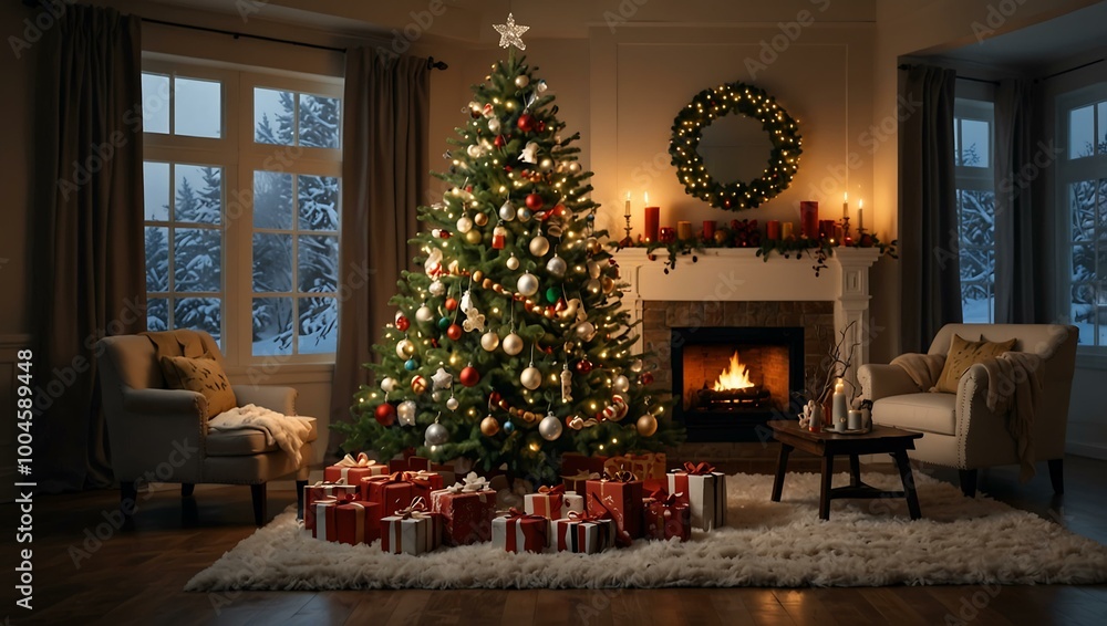 A festive winter interior with a decorated Christmas tree and holiday celebrations. A festive winter interior with a decorated Christmas tree and holiday celebrations.