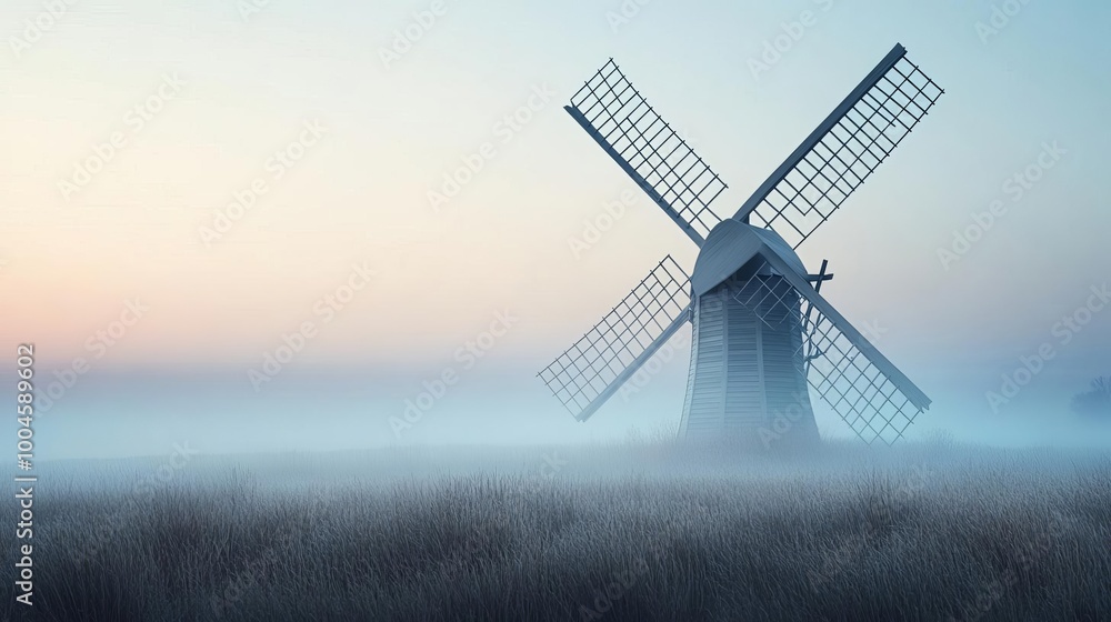 Fototapeta premium Old windmill in foggy field, turning slowly, 3D illustration