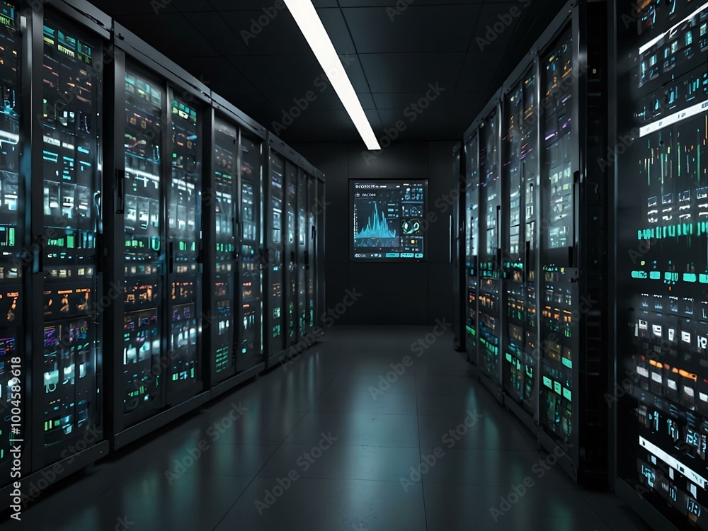 A futuristic technology interface analyzes big data inside a server farm. A futuristic technology interface analyzes big data inside a server farm.