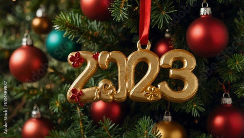 A golden 2025 sign hangs from a Christmas tree, surrounded by red ornaments.