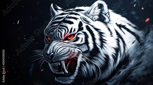 Wallpaper Mural Angry white tiger head animal with sharp fangs dangerous red eyes background wallpaper desktop AI generated image Torontodigital.ca