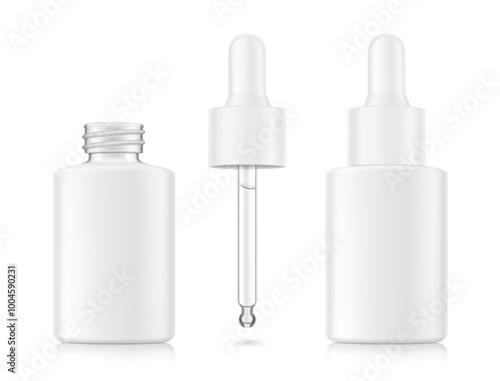 Dropper bottle with pipette mockup. Vector illustration isolated on white background. Front view. Сan be used for cosmetic, medical and other needs. EPS10.