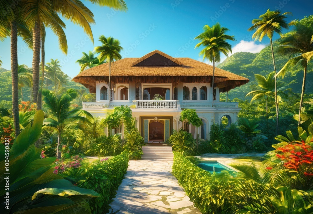 picturesque tropical villa surrounded lush palm trees under bright clear blue skies captivating natural beauty, architecture, mansion, luxury, exotic picturesque tropical villa surrounded lush palm trees under bright clear blue skies captivating natural beauty, architecture, mansion, luxury, exotic