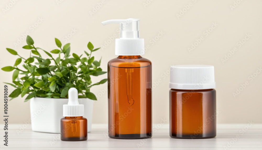 Organic health products in eco friendly packaging, featuring amber glass bottles and small plant, evoke sense of natural wellness and sustainability