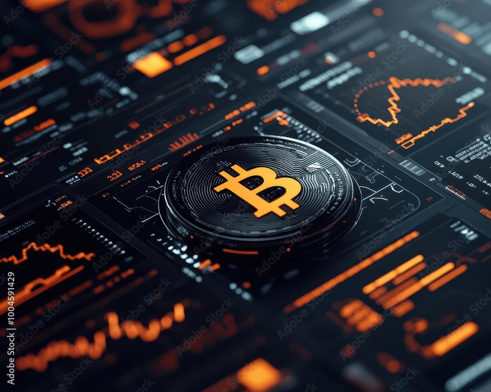 Obraz premium Futuristic marketplace with automated currency exchanges, crypto trading, market automation