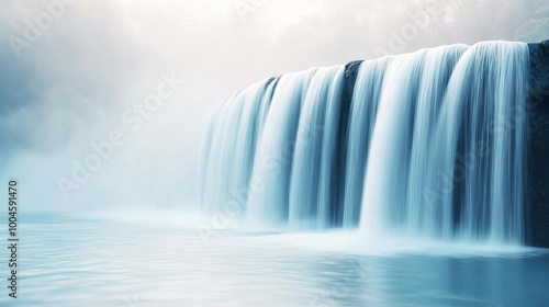 Silent waterfall covered in mist, serene tranquility, 3D illustration