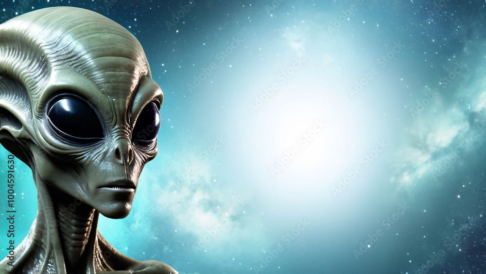 Alien figure with large eyes in a cosmic background, copy space Alien figure with large eyes in a cosmic background, copy space
