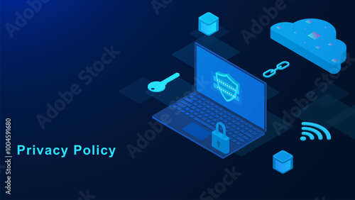 Privacy policy concept with laptop, cloud computing, server, key and padlock in isometric. Personal data security and online file server protection