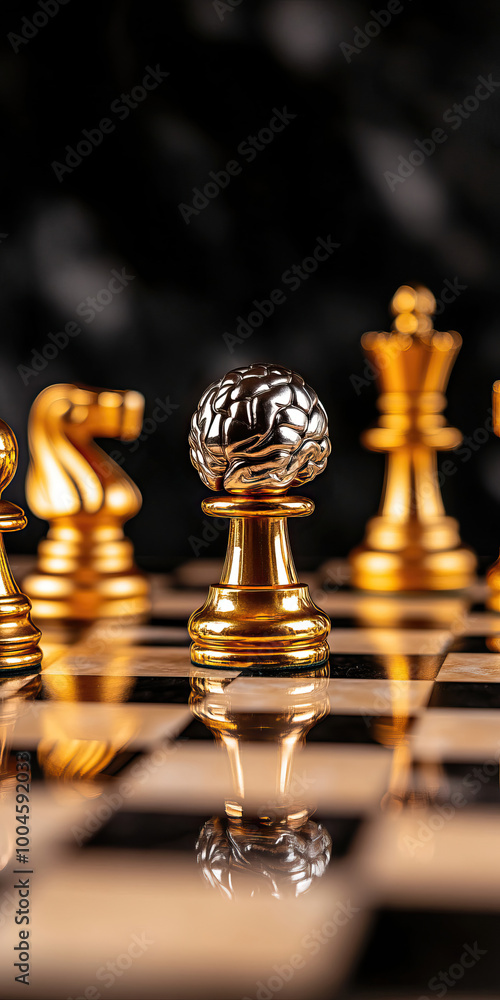 A close-up of an elegant chessboard featuring golden pieces and a unique pawn design, reflecting strategic gameplay and elegance. A close-up of an elegant chessboard featuring golden pieces and a unique pawn design, reflecting strategic gameplay and elegance.