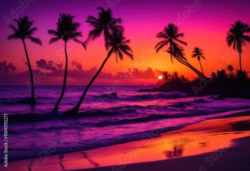 vibrant silhouettes palm trees depicted luminous sunset background rich colors gradients, nature, tropical, evening, sky, warmth, light, shadow, horizon