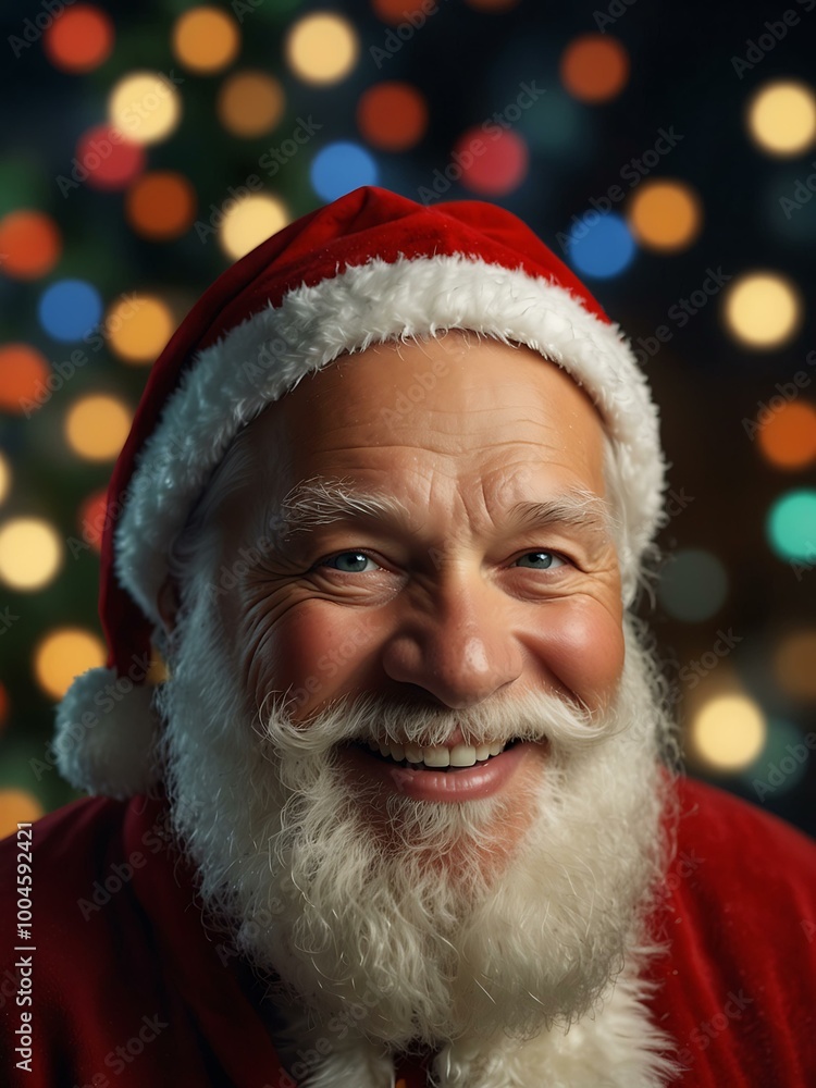 A joyful Santa Claus smiles warmly amid a backdrop of glowing lights and festive ornaments. A joyful Santa Claus smiles warmly amid a backdrop of glowing lights and festive ornaments.