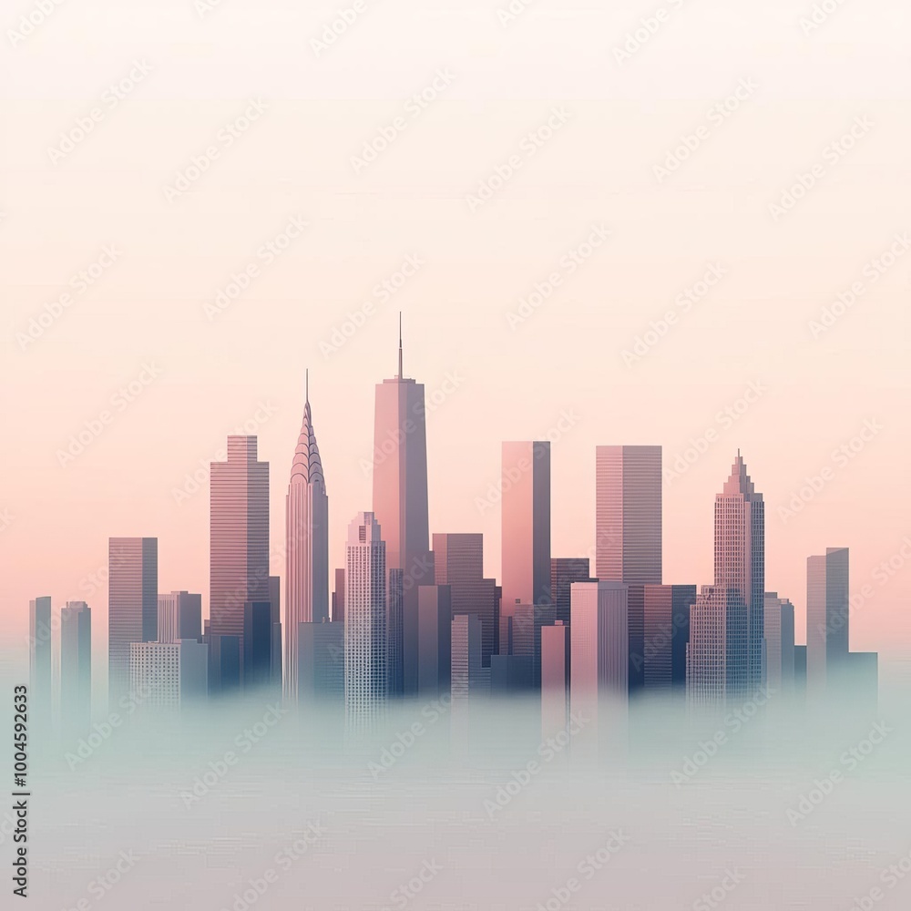 Urban skyline shrouded in fog, muted colors, 3D illustration Urban skyline shrouded in fog, muted colors, 3D illustration