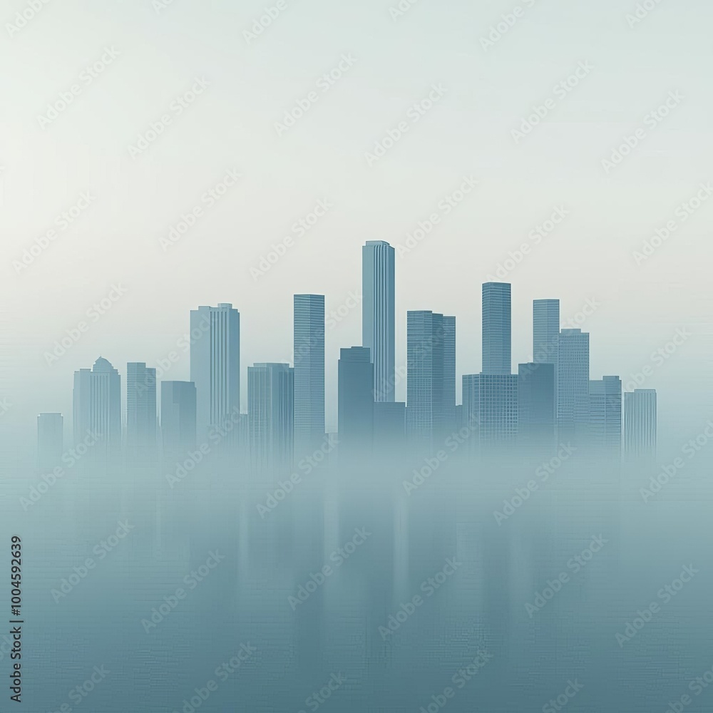 Urban skyline shrouded in fog, muted colors, 3D illustration Urban skyline shrouded in fog, muted colors, 3D illustration