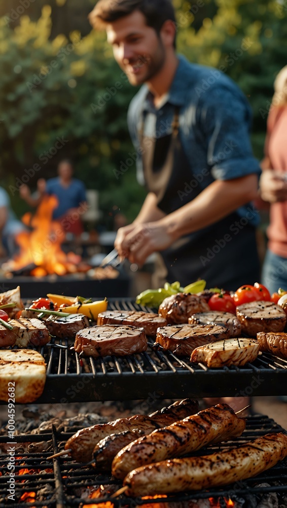 A lively barbecue scene with various meats grilling over flames and people enjoying the outdoors. A lively barbecue scene with various meats grilling over flames and people enjoying the outdoors.
