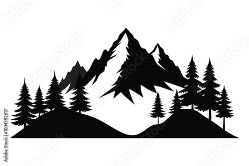 Mountains silhouettes. Mountains vector, Mountains black vector of outdoor design elements, Mountain scenery, trees, pine vector