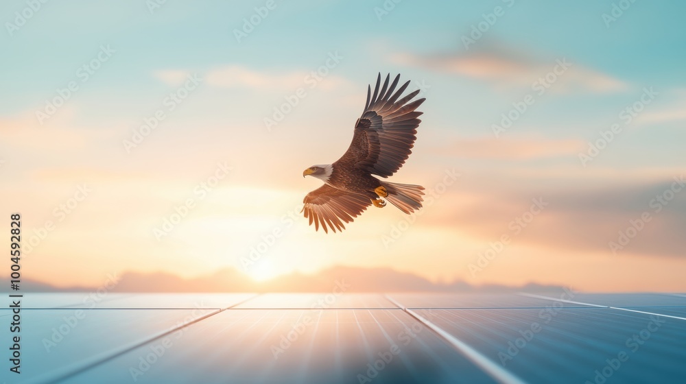 Obraz premium A majestic eagle soaring high above a field of solar panels, its wings catching the sunlight.