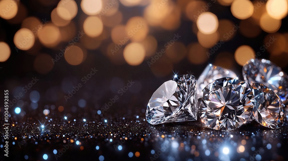 Shimmering diamonds on a dark surface, illuminated by soft bokeh lights in the background, creating a luxurious atmosphere. Shimmering diamonds on a dark surface, illuminated by soft bokeh lights in the background, creating a luxurious atmosphere.