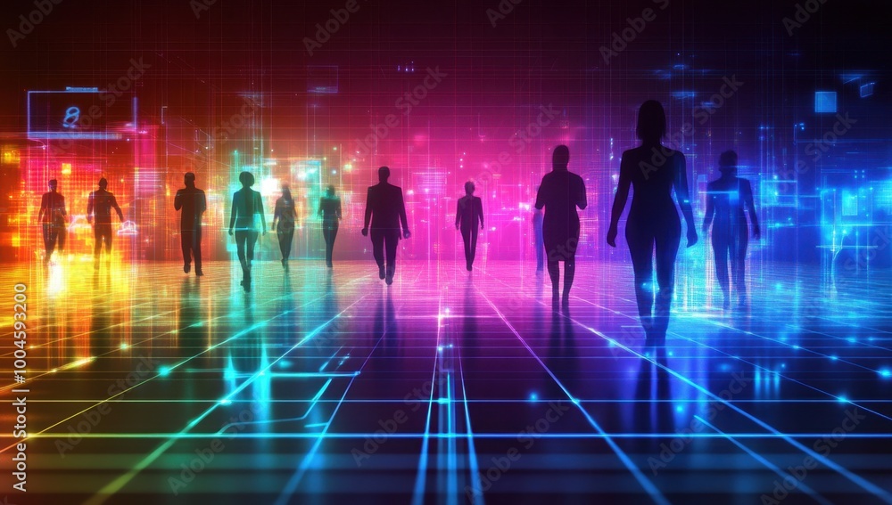 Abstract background with glowing social network connection icons and blurred people silhouettes on a grid, digital marketing concept Generative AI Abstract background with glowing social network connection icons and blurred people silhouettes on a grid, digital marketing concept Generative AI