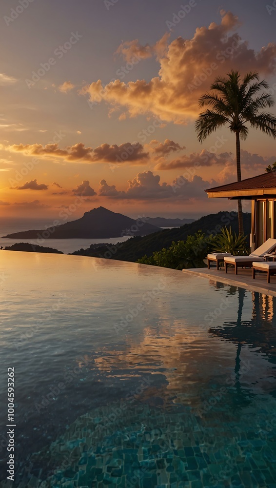 A luxurious villa features an infinity pool with a spectacular sunset view, enhancing relaxation. A luxurious villa features an infinity pool with a spectacular sunset view, enhancing relaxation.