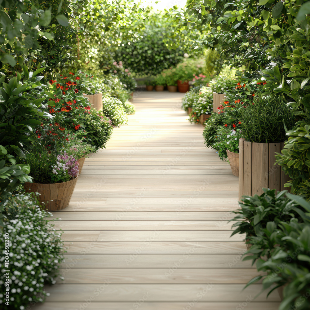 serene garden pathway surrounded by lush greenery and vibrant flowers creates peaceful atmosphere. wooden walkway invites exploration through this natural setting serene garden pathway surrounded by lush greenery and vibrant flowers creates peaceful atmosphere. wooden walkway invites exploration through this natural setting