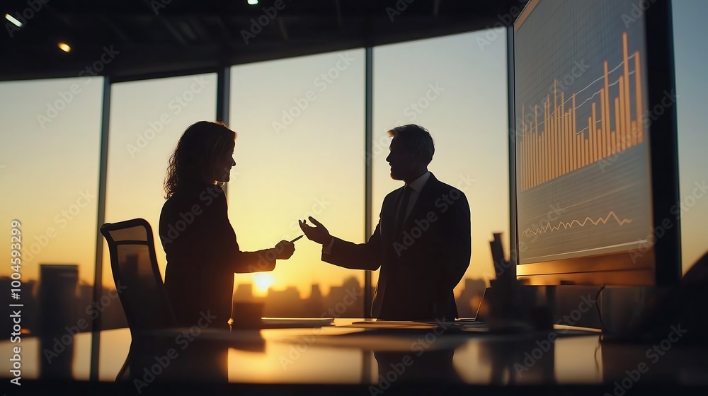 Executive presenting a graph during a business negotiation meeting, financial strategy, data presentation for negotiation. Executive presenting a graph during a business negotiation meeting, financial strategy, data presentation for negotiation.