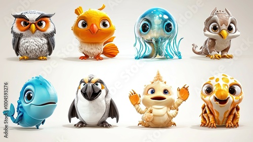 Wallpaper Mural Eight cute cartoon animal characters, including an owl, a bird, a jellyfish, a lizard, a whale, a parrot, a dragon, and a gecko, on a white background. Torontodigital.ca