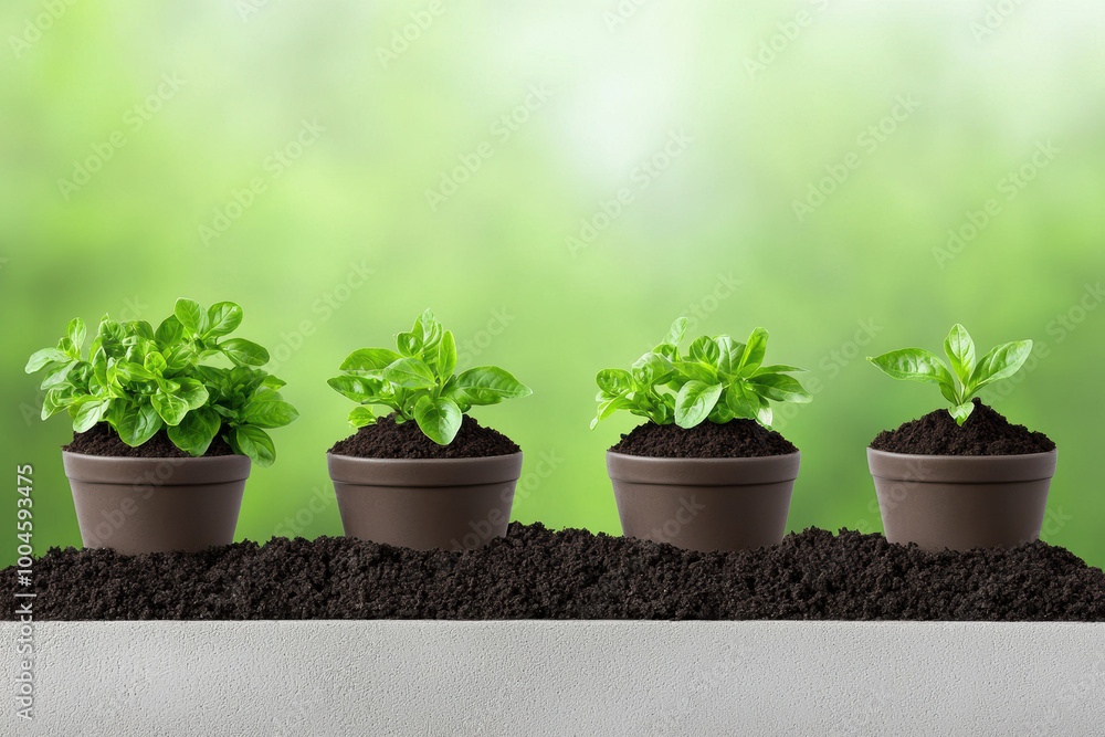 Fresh green plants in brown pots sit on bed of rich soil, showcasing vibrant growth and vitality. This image captures essence of gardening and nurturing life Fresh green plants in brown pots sit on bed of rich soil, showcasing vibrant growth and vitality. This image captures essence of gardening and nurturing life