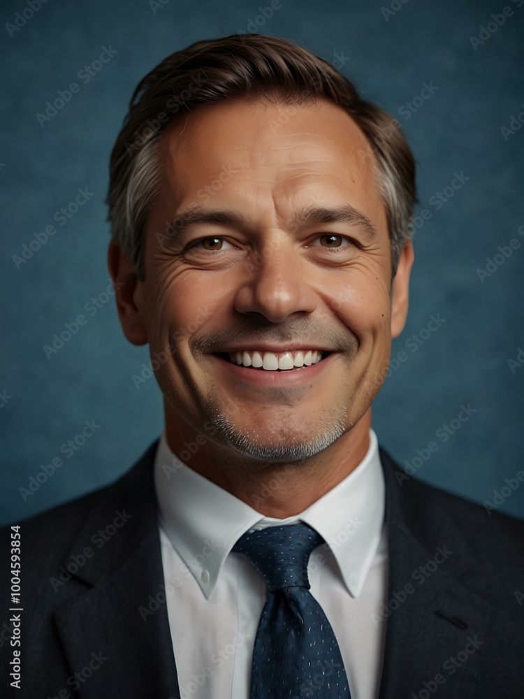 A middle-aged businessman smiles confidently against a solid blue background. A middle-aged businessman smiles confidently against a solid blue background.