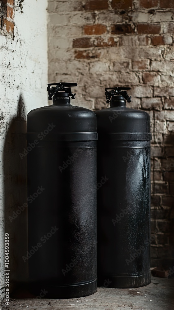 Two Black Industrial Cylinders Against a Brick Wall Two Black Industrial Cylinders Against a Brick Wall