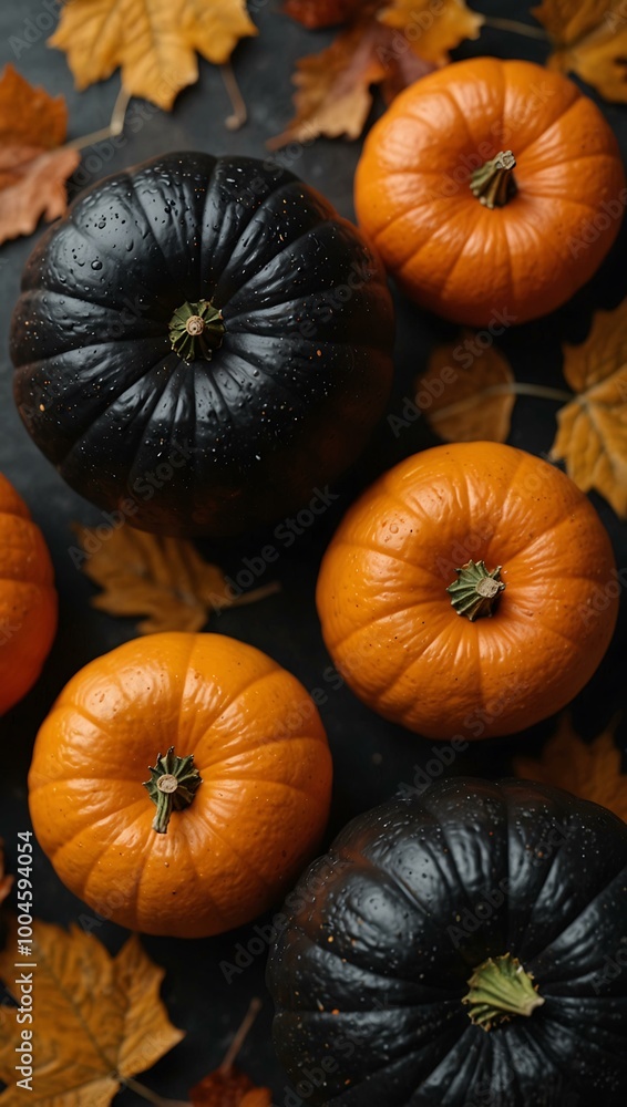 A minimalist top-down view of black and orange pumpkins surrounded by candles and autumn leaves. A minimalist top-down view of black and orange pumpkins surrounded by candles and autumn leaves.