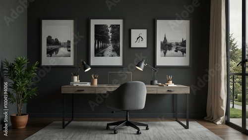 A minimalist home office featuring a grey desk and two blank frames.