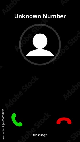 Smartphone screen vertical animation showing an incoming call from an unknown number on a black background.