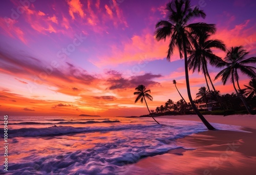 vibrant beachfront sunset silhouetted palm trees creating stunning coastal view purple hues dusk, horizon, ocean, sky, cloud, water, reflection, nature, color