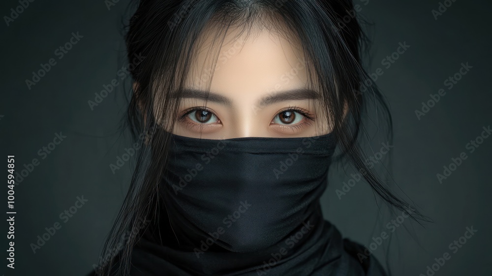 A professional traditional asian woman black ninja blade costume with a face covering background wallpaper AI generated image A professional traditional asian woman black ninja blade costume with a face covering background wallpaper AI generated image