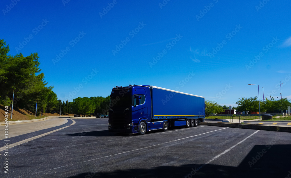 Trucks at parking lot. Delivery Trucks. Cargo Shipping. Lorry. Industry Freight Truck Logistics Cargo Transport Concept.
