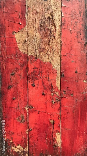 Vintage wooden texture featuring weathered red paint, showcasing intricate details and rustic charm.