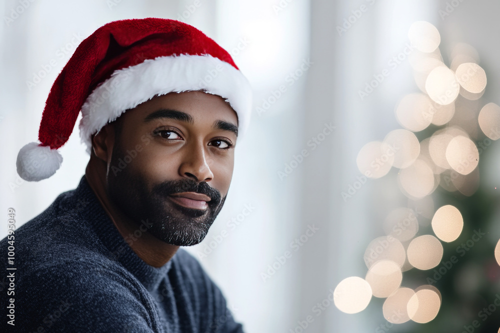 Christmas and New Year portrait of African American man wearing Santa hat indoors with copyspace, ideal for coaches, consultants, and motivational speakers in 2025 Christmas and New Year portrait of African American man wearing Santa hat indoors with copyspace, ideal for coaches, consultants, and motivational speakers in 2025