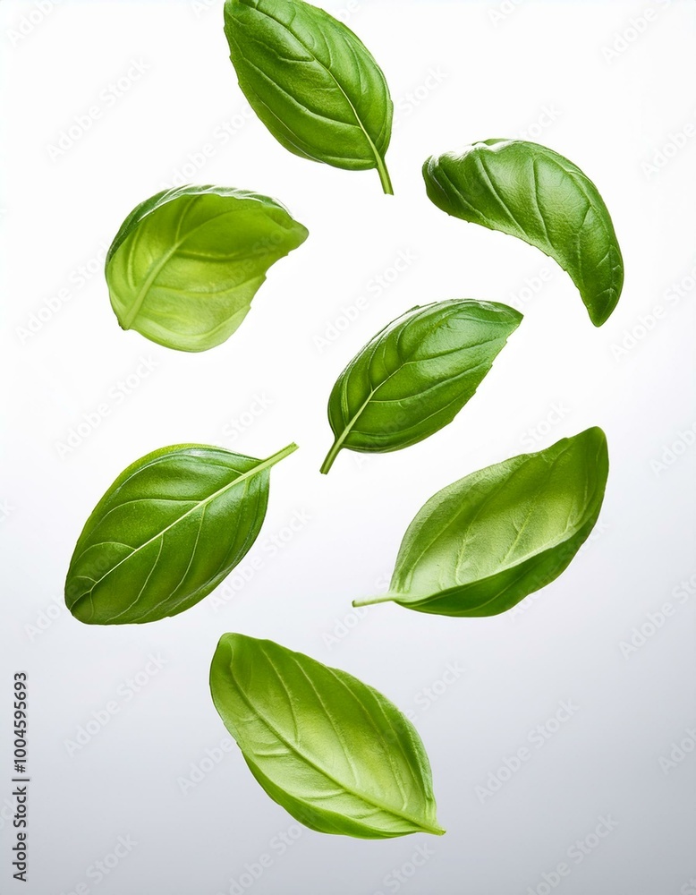 Naklejka premium On a white background, fresh basil leaves float in the air