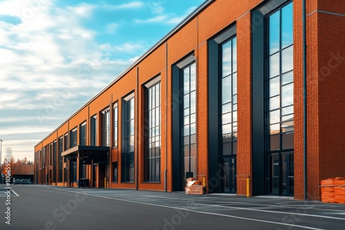 Modern Brick Building with Large Windows and Parking Lot