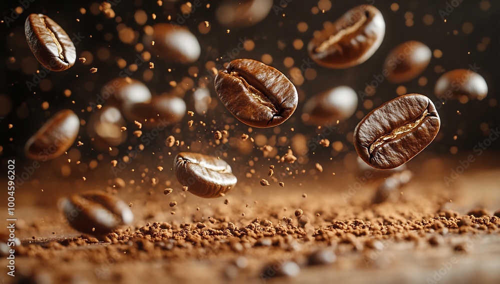 coffee beans falling onto a wooden surface, captured in mid air coffee beans falling onto a wooden surface, captured in mid air