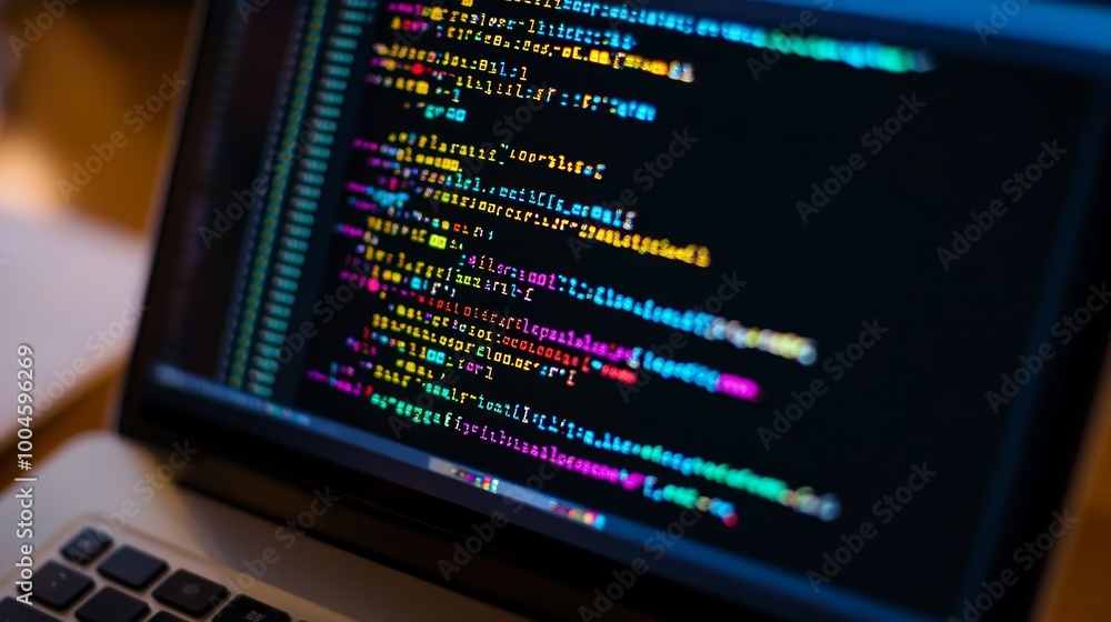 A close-up of colorful computer code displayed on a laptop screen. A close-up of colorful computer code displayed on a laptop screen.